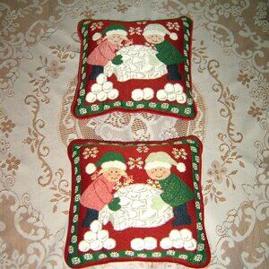 Christmas Throw Pillow Set with Boy & Girl Building Igloo, 12 x 12"